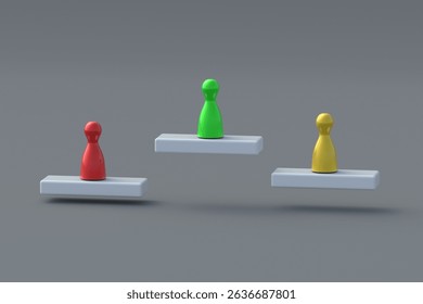 Top three workers. An outstanding victory. The best competitor. First place. Champion award ceremony. Hierarchy concept. Winners podium with colorful figures. 3d render