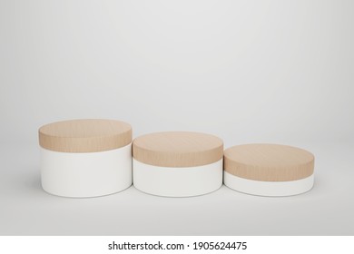 Top view of 3D render illustration of wooden and white podiums