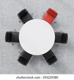 Top View Of A 3d Rendering Conference Room. A White Round Table And Six Chairs Around, One Of Them Is Red. Office Interior.