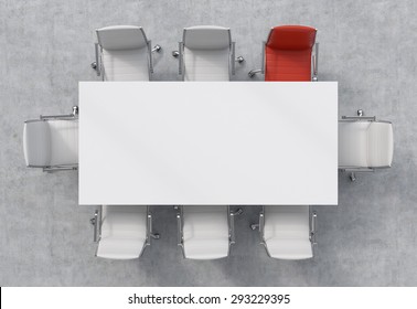 Top View of a 3d rendering conference room. A white rectangular table and eight chairs around, one of them is red. Office interior.