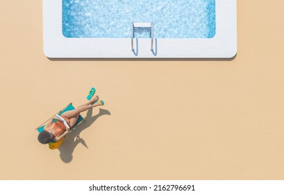 Top view 3D rendering of unrecognizable African American female tourist relaxing on deckchair at poolside and reading interesting book during summer holidays - Powered by Shutterstock