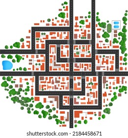 The Top View From Above Is A Map Of The City Block Streets With Town Infrastructure, Roads, Trees, Parks, And Gardens 3D Illustration