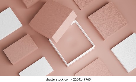 Top View, Above, An Open Empty Box With Name Card Or Business Card On Pink Background. 3d Rendering, 3d Illustration