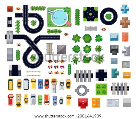The top view from above set of map of the city with town infrastructure, people, roads, trees, parks, and gardens. The design of the object is a illustration for games, apps, and scenery.