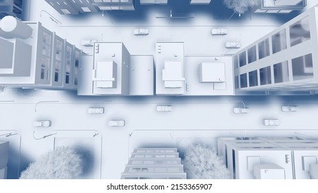 Top View Of Abstract Modern City Block Looking As White Architectural Scale Model With High Rise Buildings Skyscrapers. With No People Urban Planning Concept 3D Illustration From My 3D Rendering.