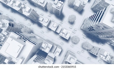 Top view of abstract modern city downtown looking as white architectural scale model with high rise buildings skyscrapers. Urban planning concept 3D illustration from my 3D rendering.