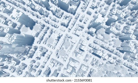 Top View Of Abstract Modern City Downtown Looking As White Architectural Scale Model With High Rise Building Skyscrapers And Empty Street. Urban Planning Concept 3D Illustration From My 3D Rendering.