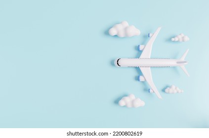 Top View Aeroplane With Clouds On Sky Blue Pastel Background Travel Tourism Plane Trip Worldwide Planning Tour, Banner Leisure Touring Holiday Summer Concept. 3d Rendering Illustration