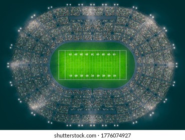 Top View Of An American Football Stadium Full Of People During A Night Game . 3D Rendering