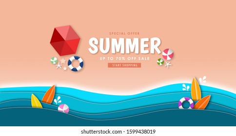 Top view beach background with umbrellas,balls,swim ring,surfboard, starfish and sea. - Powered by Shutterstock