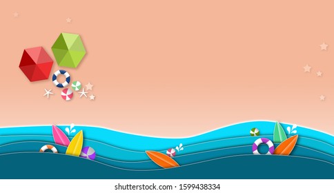 Top view beach background with umbrellas,balls,swim ring,surfboard, starfish and sea. - Powered by Shutterstock