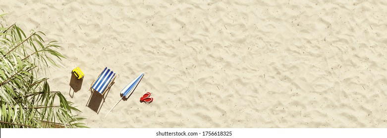 Top View Of Beach With Sand In Caribbean With Deck Chair (3d Rendering)