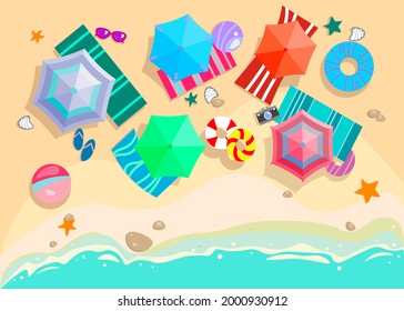 Top View Beach Set With Sea, Sand, Umbrellas, Swim Ring, Balls, Sunglasses. Summer Vacation On Tropical Resort.  Aerial View Illustration