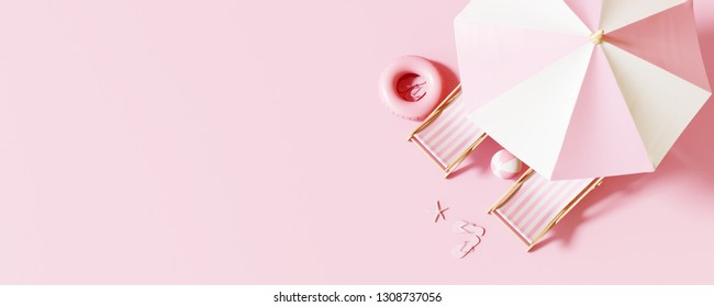 Top view Beach umbrella with chairs and beach accessories on pastel pink background. summer vacation concept. 3d rendering - Powered by Shutterstock