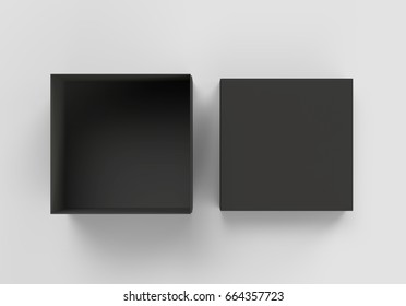 Top View Black 3d Rendering Blank Square Box With Separate Lid, Isolated Gray Background