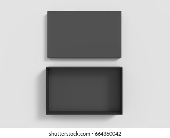 Top View Black 3d Rendering Blank Rectangular Box With Separate Lid, Isolated Gray Background