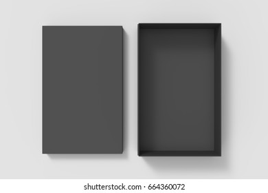 Top View Black 3d Rendering Blank Rectangular Box With Separate Lid, Isolated Gray Background