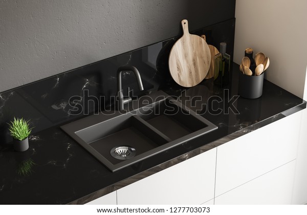 Top View Black Marble Kitchen Sink Stock Illustration 1277703073