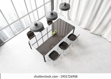 Top View Of Black And White Dining Room With Black Table And Six Chairs, Black Lamps And White Curtains. Eating Room With Furniture Near Large Window, 3D Rendering No People