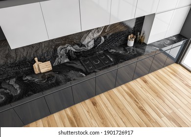 Top View Of Black And White Kitchen Set With Appliances And Stove, Parquet Floor. Modern Minimalist Kitchen Set From Above With Marble Decoration, 3D Rendering No People