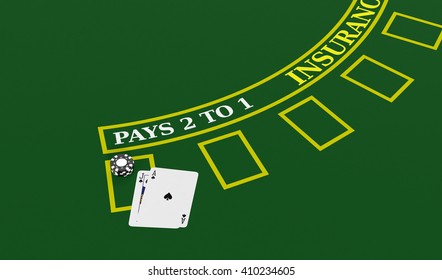 top view of a blackjack table with cards and fiches (3d render)