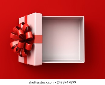 Top view of blank white present box open for products display showcase or white gift box tied with red ribbon bow isolated on dark red background with shadow minimal idea concepts 3D rendering