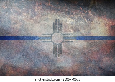 Top View Of Blue Line Flag Of New Mexico State, Usa. United States Of America Police Flag. Retro Flag With Grunge Texture. No Flagpole. Plane Layout, Design. Flag Background