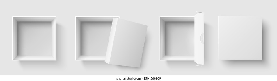 Top View Box. Open Package Square Boxes With Open Cap, Empty Packages Mockup. Paper Container, Blank Cube Carton Or Gift Box. 3d Isolated  Illustration Sign Set