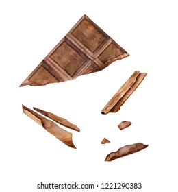 Top View Of Broken Chocolate Bar, Pieces, Chunks. Hand Drawn Watercolor Illustration Isolated On White.  Sweet Ingredient For Menu, Receipt, Label, Packaging Design. 