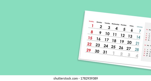 Top view of calendar board. The card is arranged at an angle. Shadow falling on mint green pastel background. Copy free space for your artwork. Planning for business meeting or travel. - Powered by Shutterstock