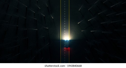 Top View Of Car Drives On A Forest Road At Night With The Headlights On Illuminating The Path. 3d Rendering