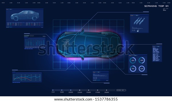 Top view of the car. Futuristic car service, scanning\
and auto data analysis. Car auto service, Modern design, diagnostic\
auto. Virtual  