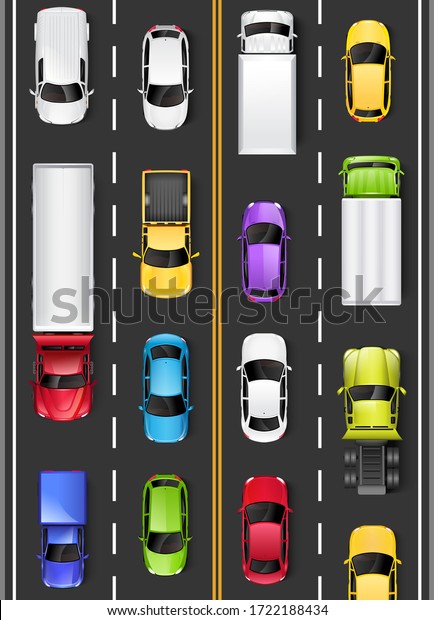 Top view of cars and trucks on the road.\
Driving on the highway.\
Illustration