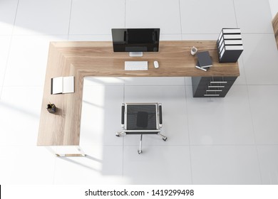 Top view of CEO office with tiled floor, wooden computer table with folders and open book with blank pages. 3d rendering