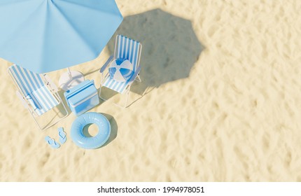 Top View Of Chairs With Umbrella And Beach Accessories On Sand. Summer Vacation Concept. 3d Render