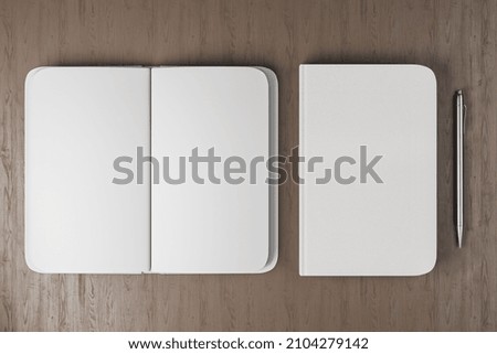 Top view of clean closed and open notepeds, pen on wooden desktop. Mock up, Close up, 3D Rendering
