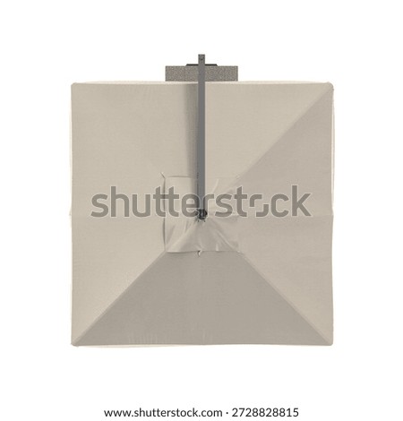 Top view of a closed square patio umbrella with a beige canopy and metal pole on a white background