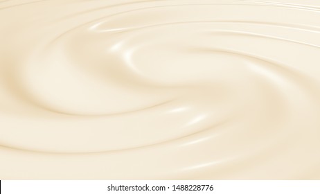 Top View Close-up Soft Milk Cream Swirl In A Circle. Yogurt Twist Ripple Wave Texture Background. 3D Liquid Render Illustration.