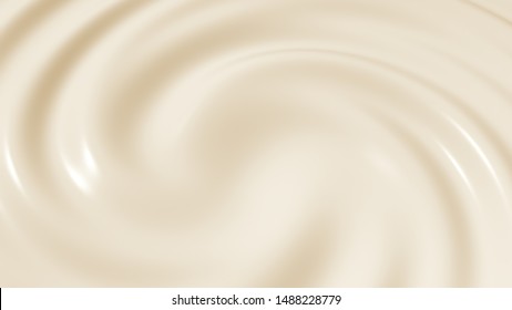 Top view close-up soft milk cream swirl in a circle. Yogurt twist ripple wave texture background. 3D liquid render illustration.