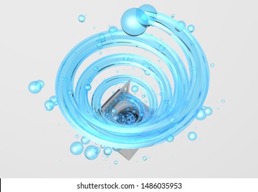 Top View Of Clothes Washing Machine With The Door Open, Inside It Comes A Blue Water Jet In The Form Of A Spiral With Bubbles Floating In White Background. 3D Illustration