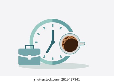 Top view of a coffee cup, clock and briefcase symbolizing the morning coffee break, work routine, productivity, business schedule and daily time management.