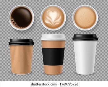 Top View Of Coffee Cup. Espresso And Latte Or Cappuccino In Takeaway Paper Cups Isolated Professional Different Model Coffe Brand Realistic Package Set