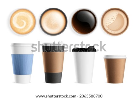 Café de vista superior. Bebidas calientes aisladas, capuchino de café con café expreso. Vista frontal ecológica realista de la taza, set de bebidas de espuma de leche