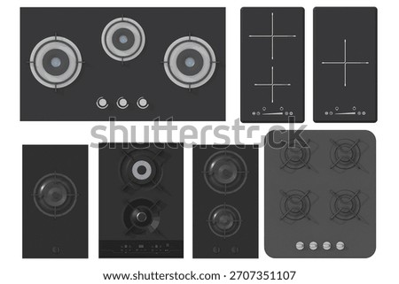 Top view collection of black modular kitchen gas and induction cooktops, domino style, 3D illustration