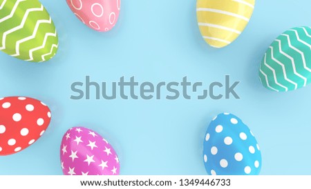Top view of Colorful painted Easter eggs on blue floor background. Holiday and Festival concept. Dot star and line fantasy pattern art. 3D illustration with copy space
