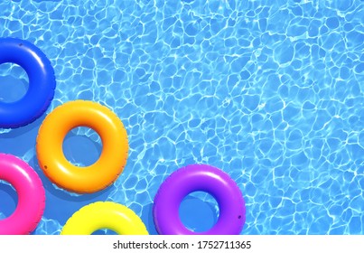 Top view of colorful swim rings on the blue water background. 3d illustration  - Powered by Shutterstock