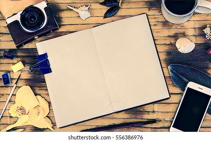Top view composition in retro style. Open notebook with blank page. Hipster faded background. Flat lay image with retro photo camera, smartphone, coffee cup, tropical flower, sea shell. Travel banner