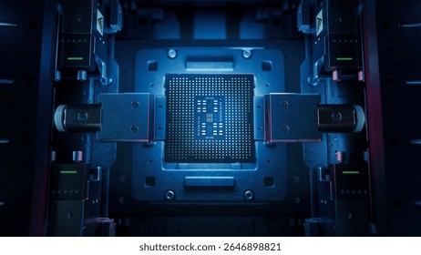 Top View of Computer Chip on Conveyor Line during Production and Packaging Process on Semiconductor Fab. Processor at Engineering Laboratory. Advanced  Microchip in Industrial Environment.