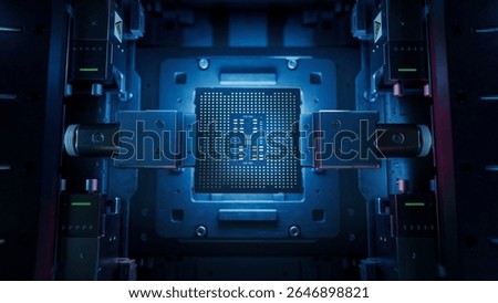 Top View of Computer Chip on Conveyor Line during Production and Packaging Process on Semiconductor Fab. Processor at Engineering Laboratory. Advanced  Microchip in Industrial Environment.