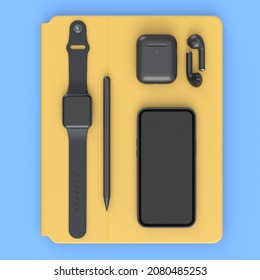 Top view of computer tablet with stylus, smart watch, phone and headphones isolated on blue background. 3D rendering concept of creative designer equipment and compact workspace